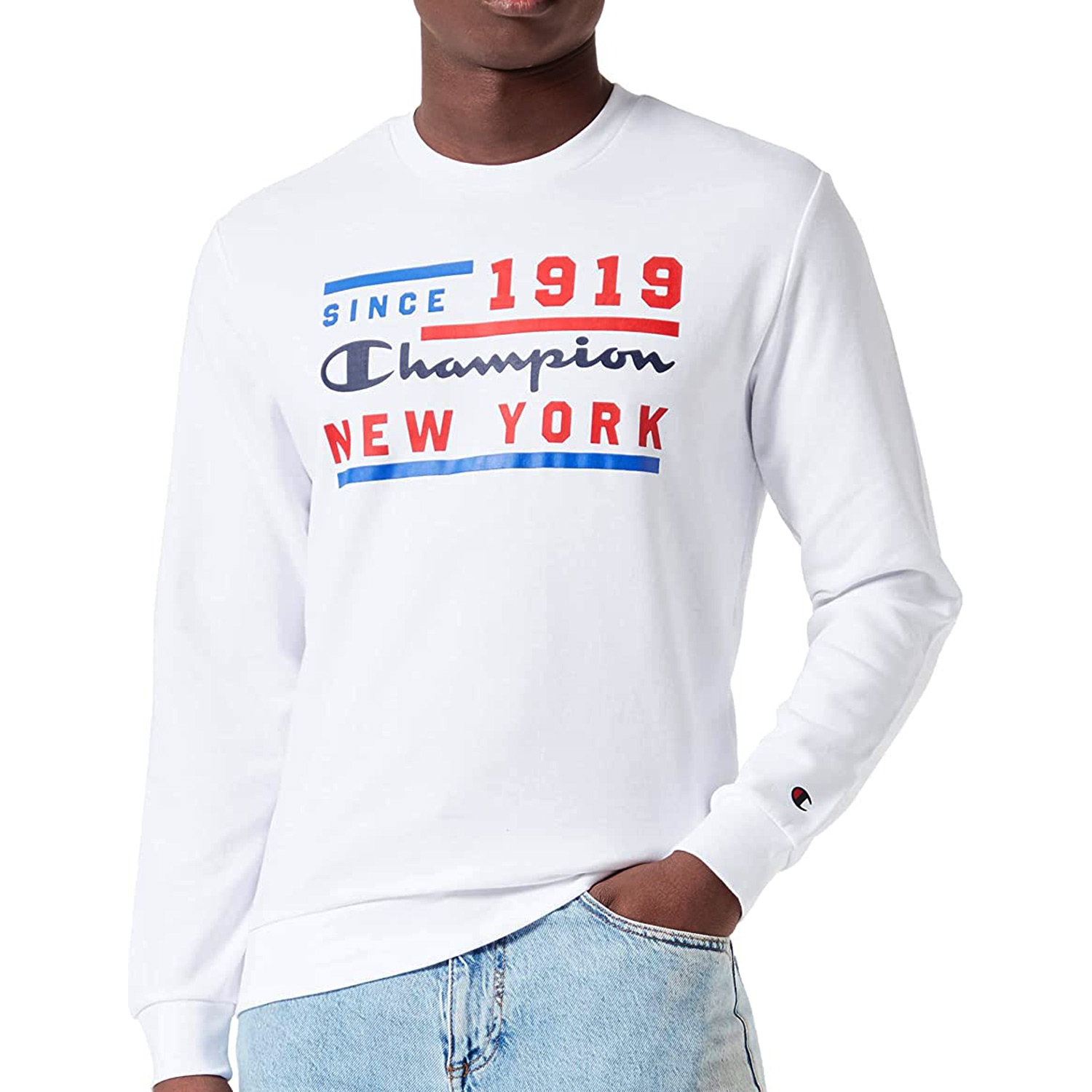 Champion Crewneck Sweatshirt Graphic Mn Men Sweater Script New York White  (WHT) | Sweatshirts u0026 Jackets | Accessories | Flux Online