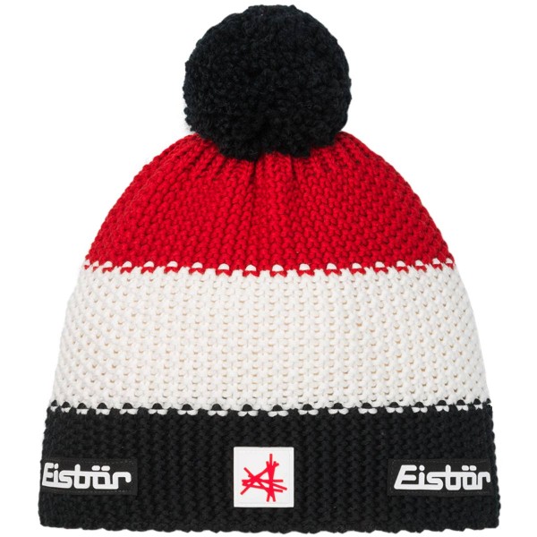 Eisbär - Star Pompon MÜ SA - Unisex Strickmütze mit Fleece-Inlet - Schwarz/White/Ketchup