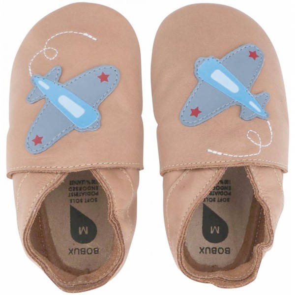 Bobux Plane Kleinkinder Weichsohlige Leder-Krabbelschuhe Beige/Flugzeug (Caramel)