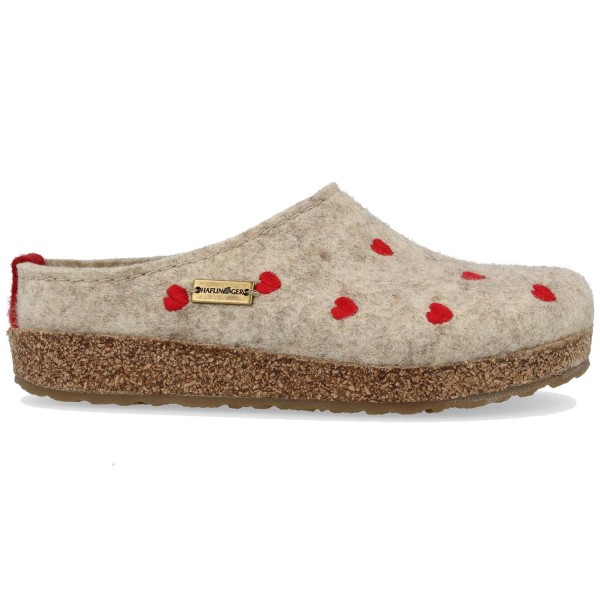Haflinger - Grizzly Cuoricini - Damen Filz-Kork Pantoffel mit Herzmotiv - Beigemeliert Öko