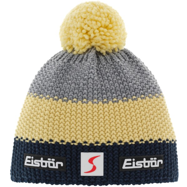 Eisbär Star Pompon SP Unisex Winter-Strickmütze Dunkelblau/Pastelgelb/Grau