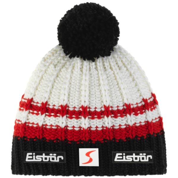 Eisbär Kova Pompon SP Unisex Winter-Strickmütze Schwarz/Rot/Weiß